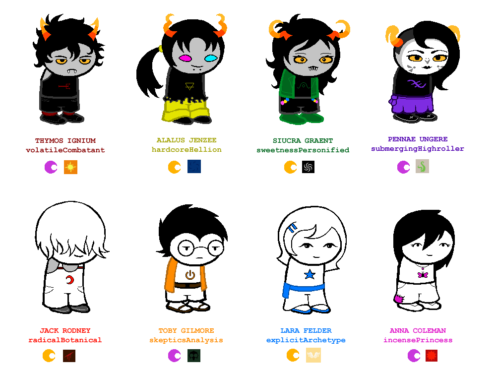 <b>Homestuck Original Characters</b> <hr/> I've had these Homestuck OCs brewing since around 2013! I've hardly done much with them, at least story-wise. However, you can see them in motion in 'Ridonkulous Beatzmaster' in the games tab!